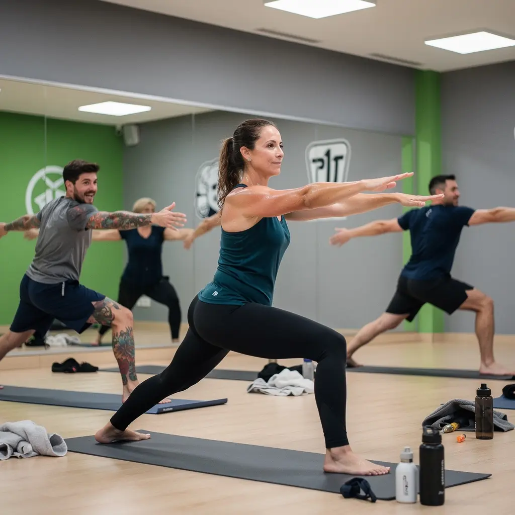 Instructora guiando una sesión de yoga centrada en la pérdida de peso en un ambiente motivador.