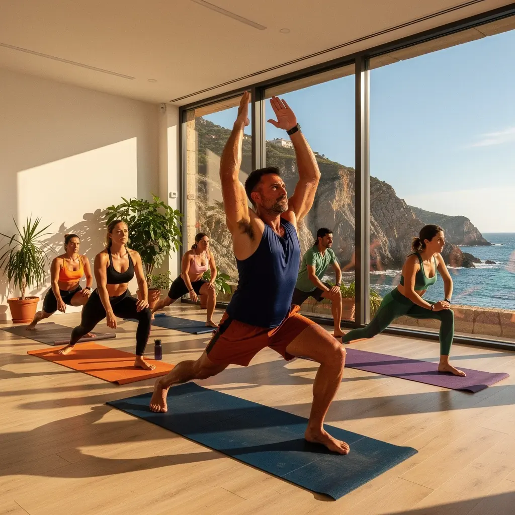 Grupo de personas practicando yoga al aire libre, enfocándose en ejercicios para adelgazar y tonificar.