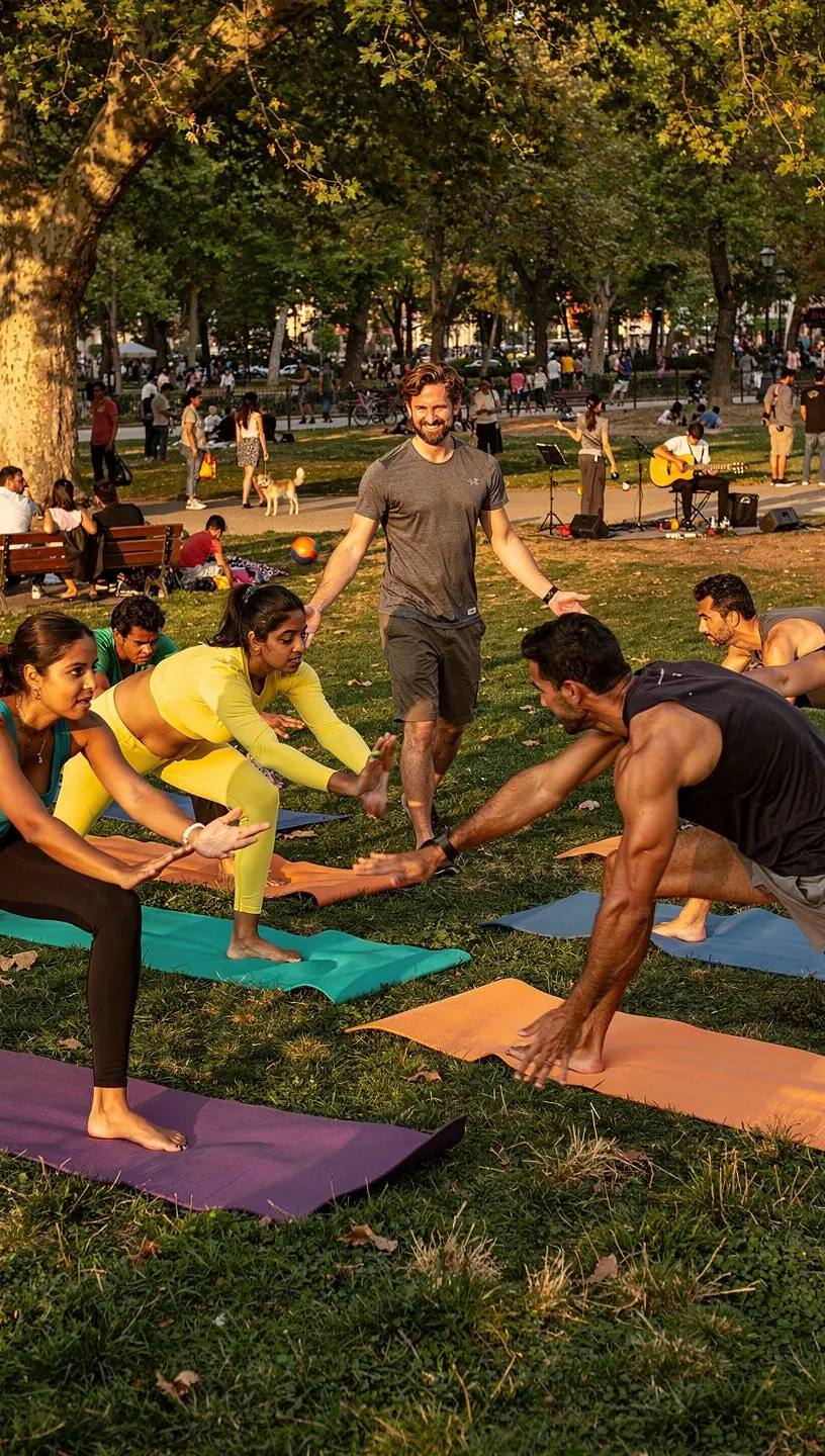 Grupo de participantes realizando ejercicios de yoga al aire libre, enfocándose en la quema de calorías.
