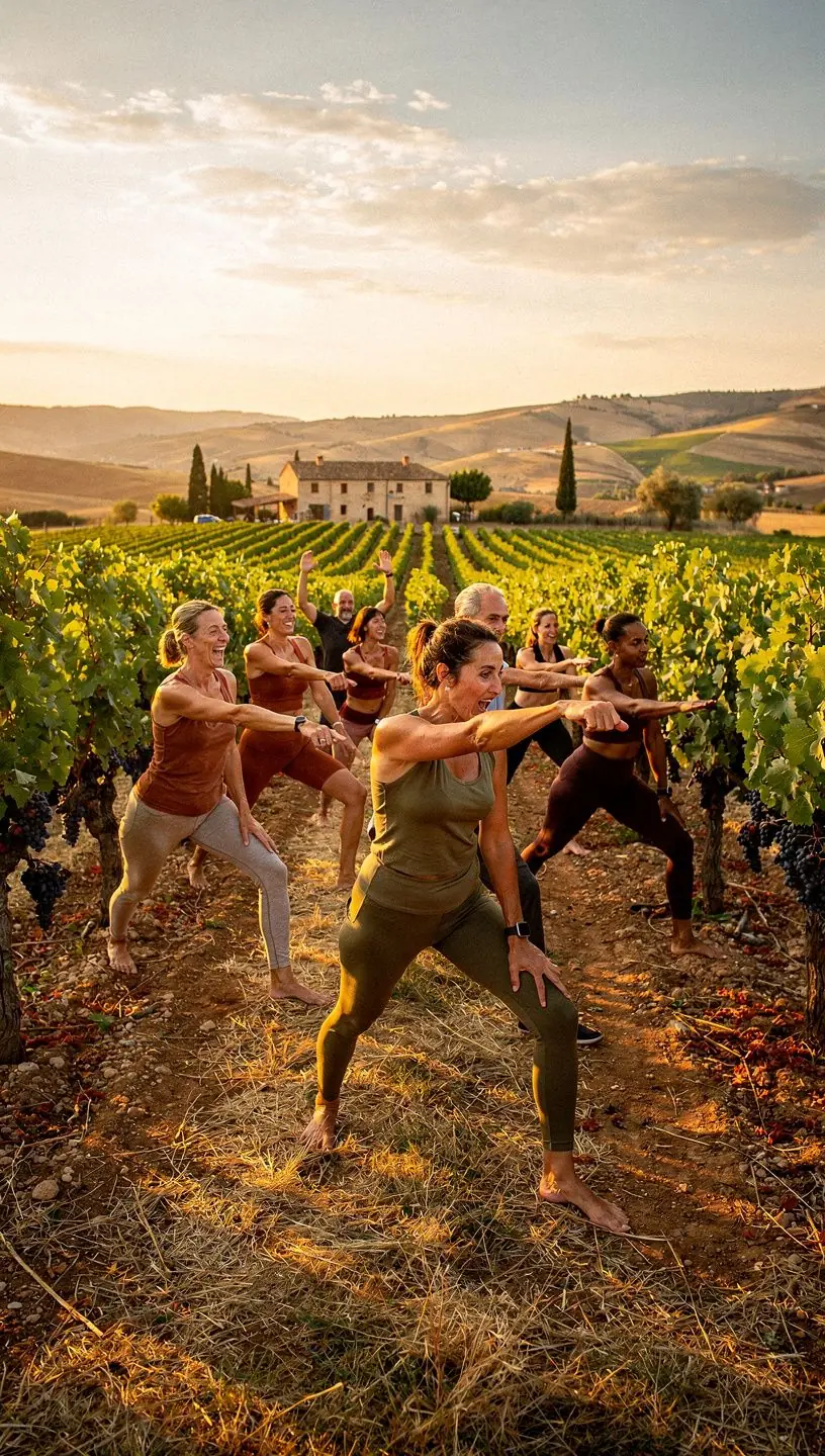 Grupo de participantes realizando ejercicios de yoga al aire libre, enfocándose en la quema de calorías.