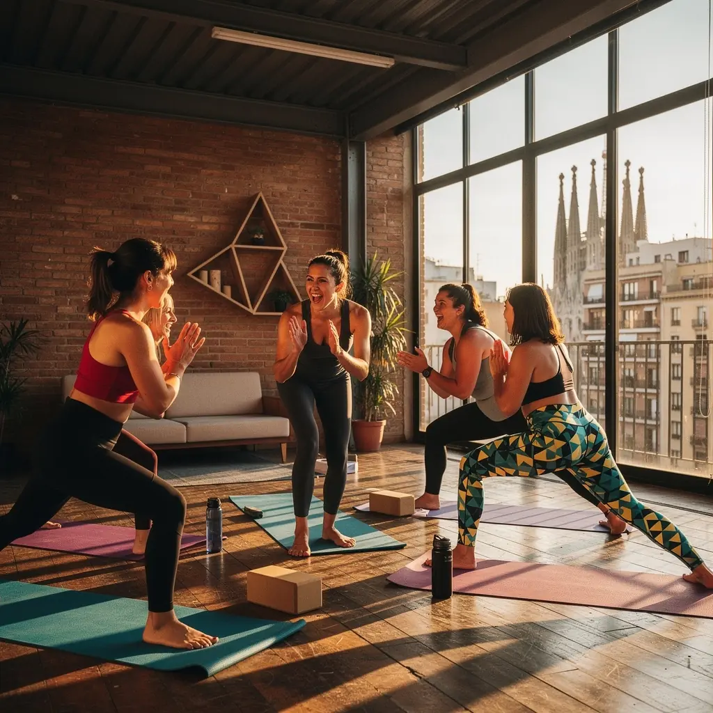 Grupo de participantes realizando ejercicios de yoga al aire libre, enfocándose en la quema de calorías.