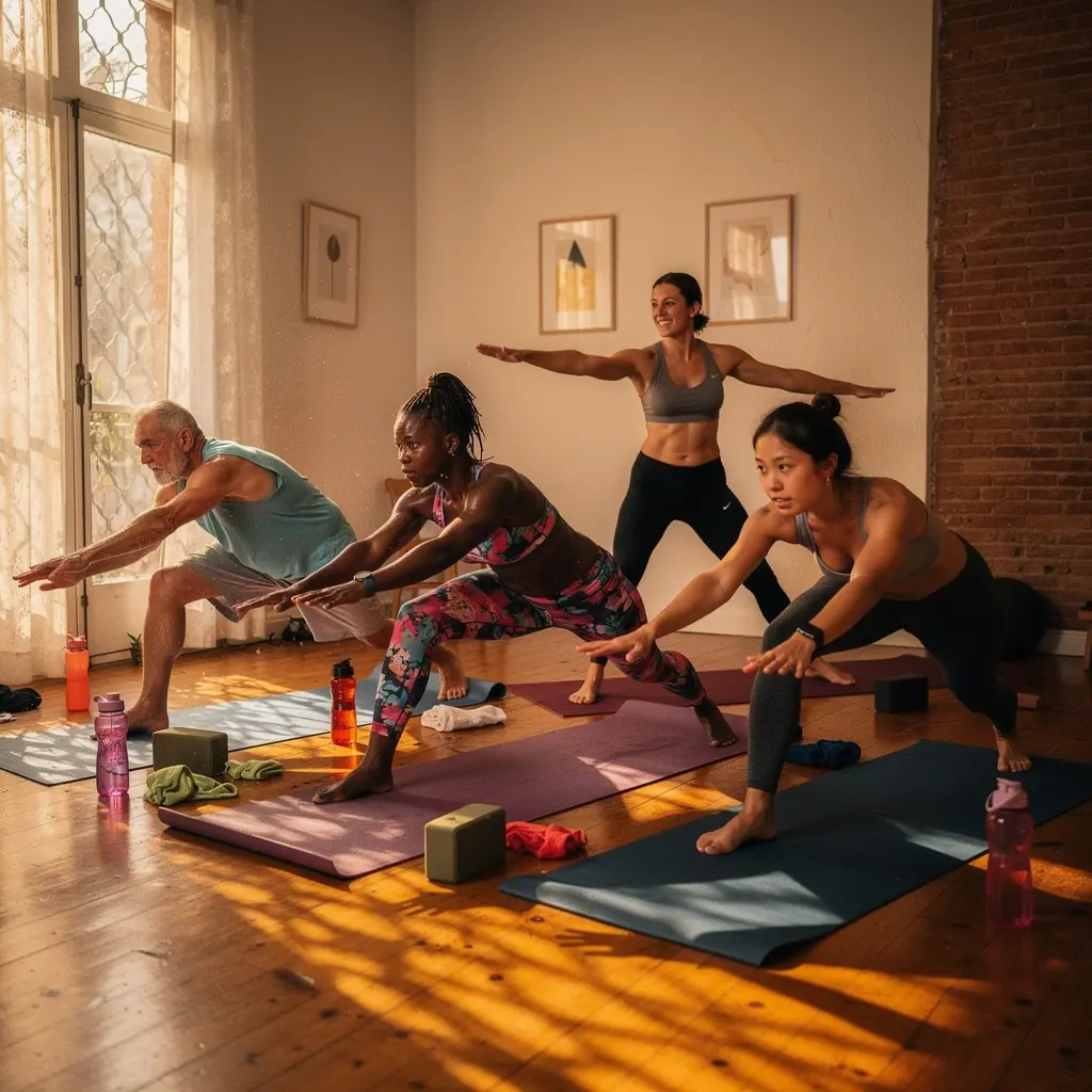 Clase de yoga de alta intensidad en un estudio con personas practicando posturas energéticas.